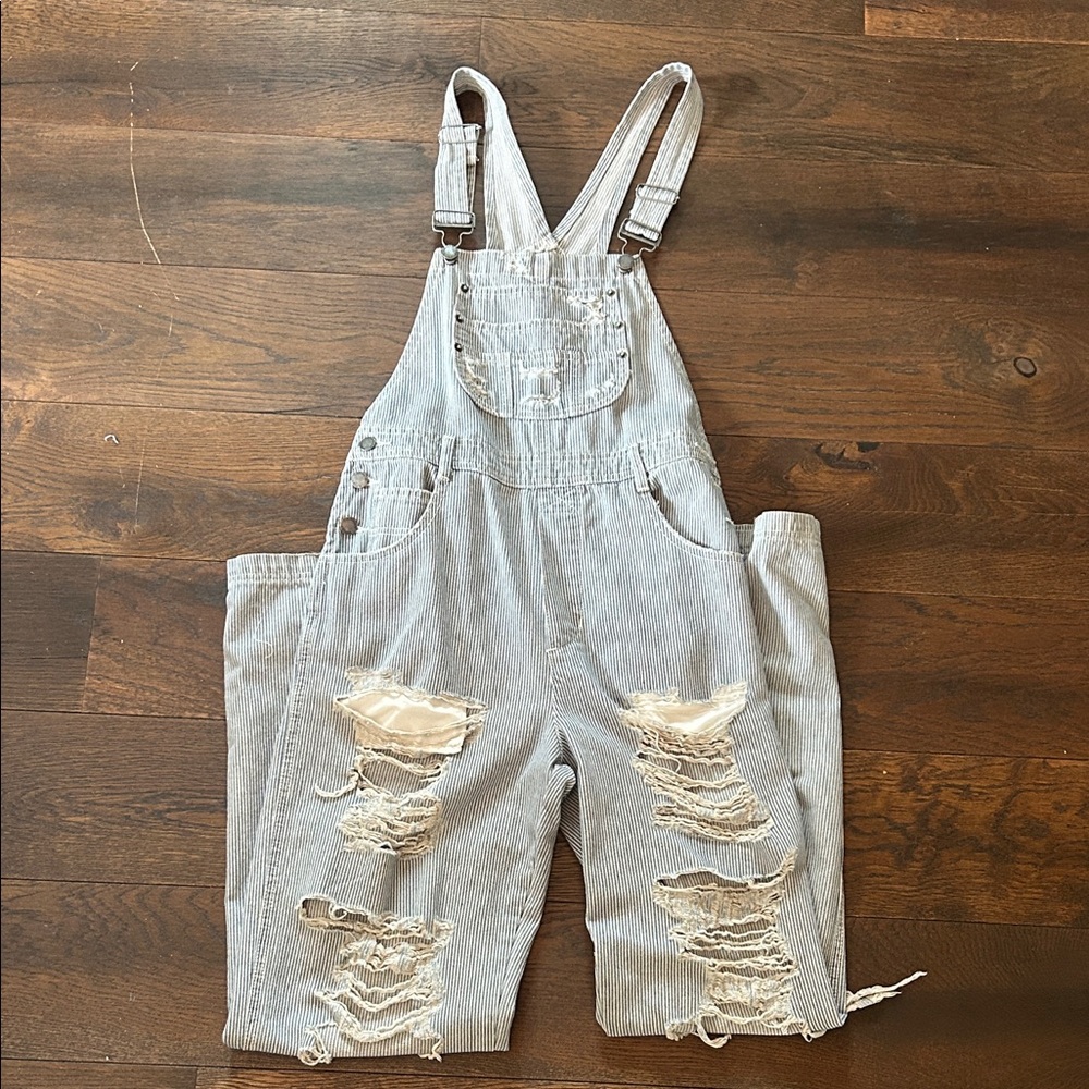 Carmar Light Blue Stripped Distressed Overalls